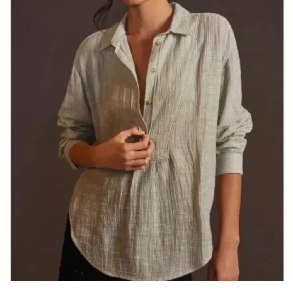 Anthropologie Striped V Neck Blouse Cream Breezy Boho Top Women Size L